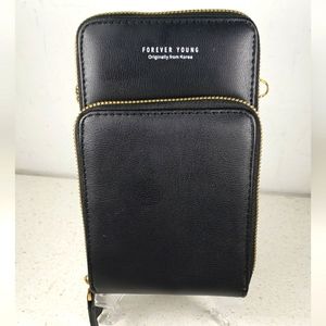 Forever Young Black Vegan Leather 3 Compartment Crossbody Cell Phone Wallet